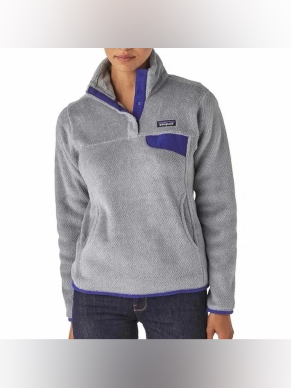 Patagonia Women’s Re-tool Gray Fleece Snap-T Pullover with Purple Trim sz small